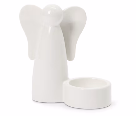 Biały ceramiczny anioł ze świecznikiem na tealight, z okrągłą głową, stożkowym korpusem i skrzydłami.