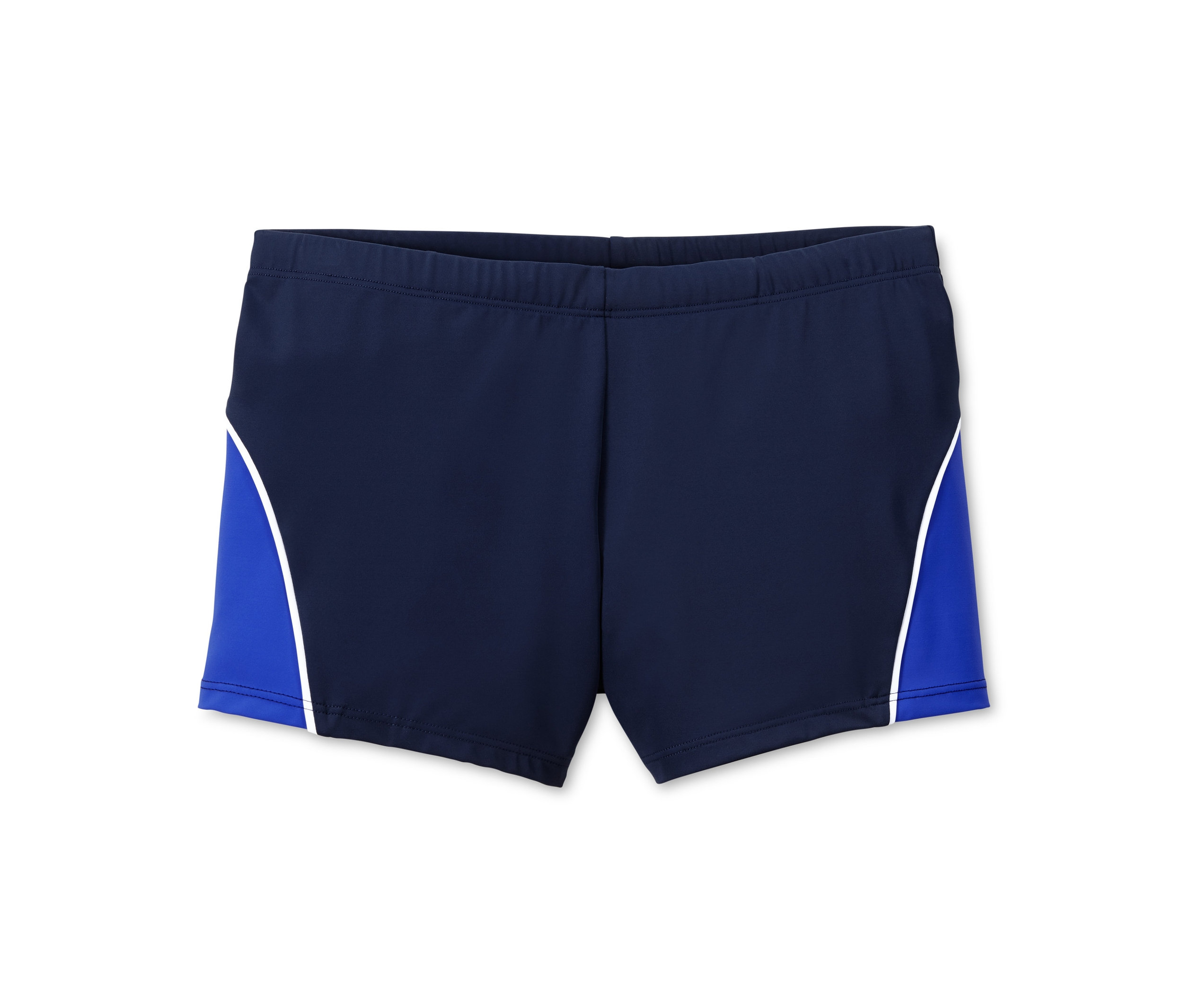 Granatowe kąpielówki męskie z niebieskimi wstawkami ozdobnymi i białym obszyciem.