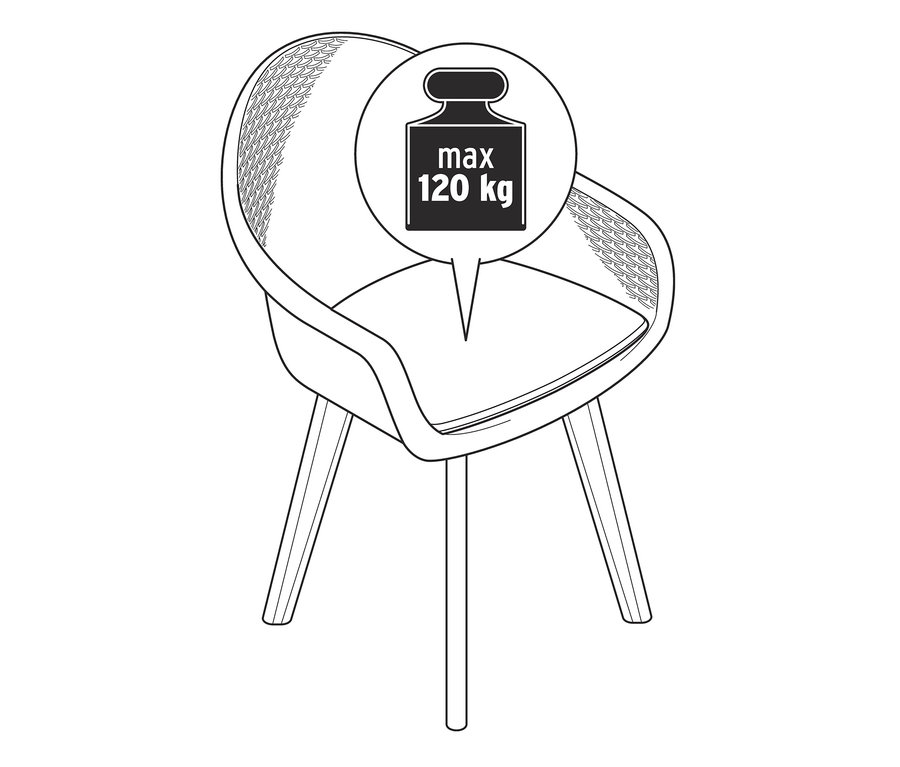 Ilustracja krzesła z plecionką polirattanową o maksymalnym obciążeniu 120 kg.