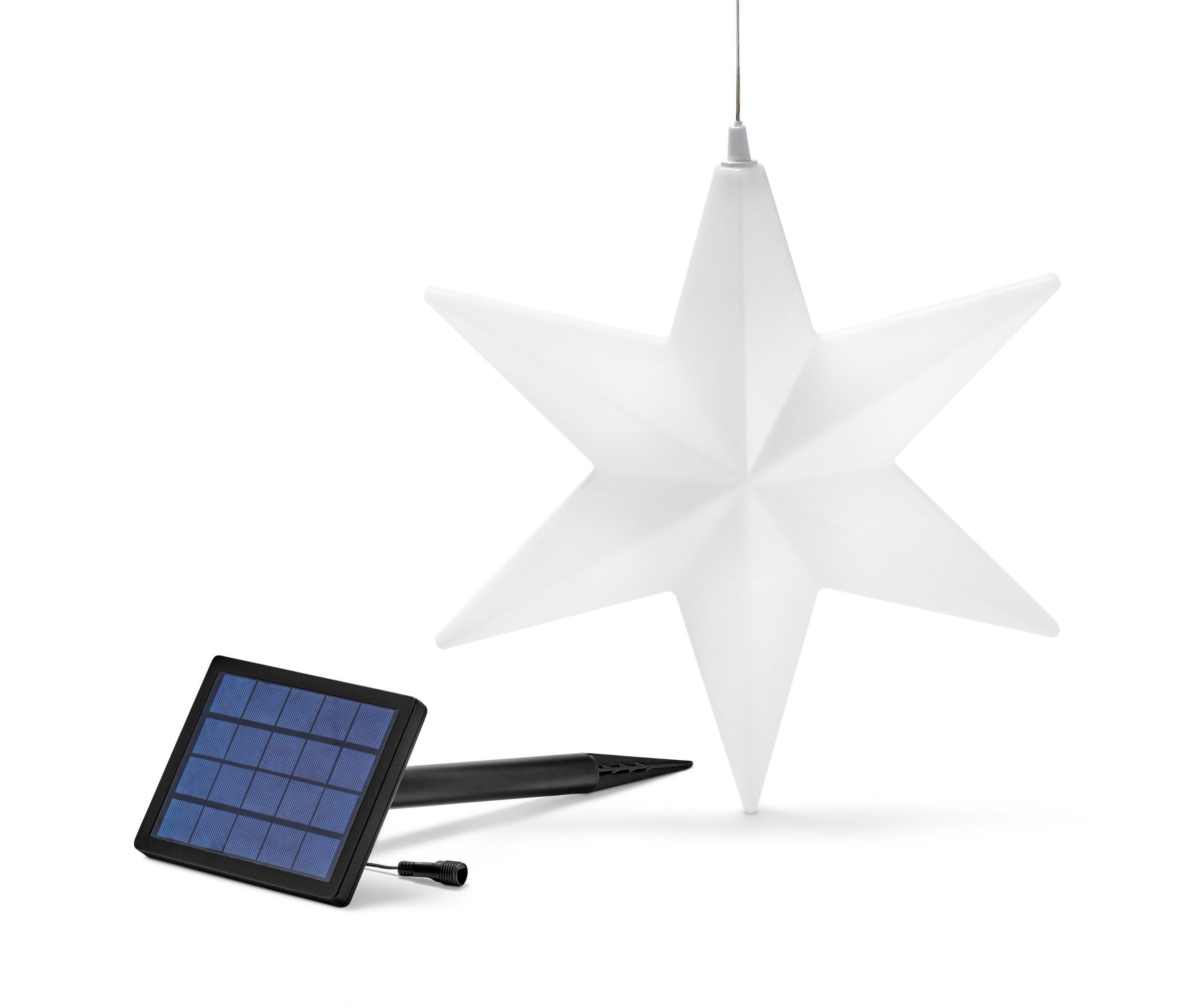 Wisząca solarna lampa ogrodowa »gwiazda« z czarnym panelem słonecznym.