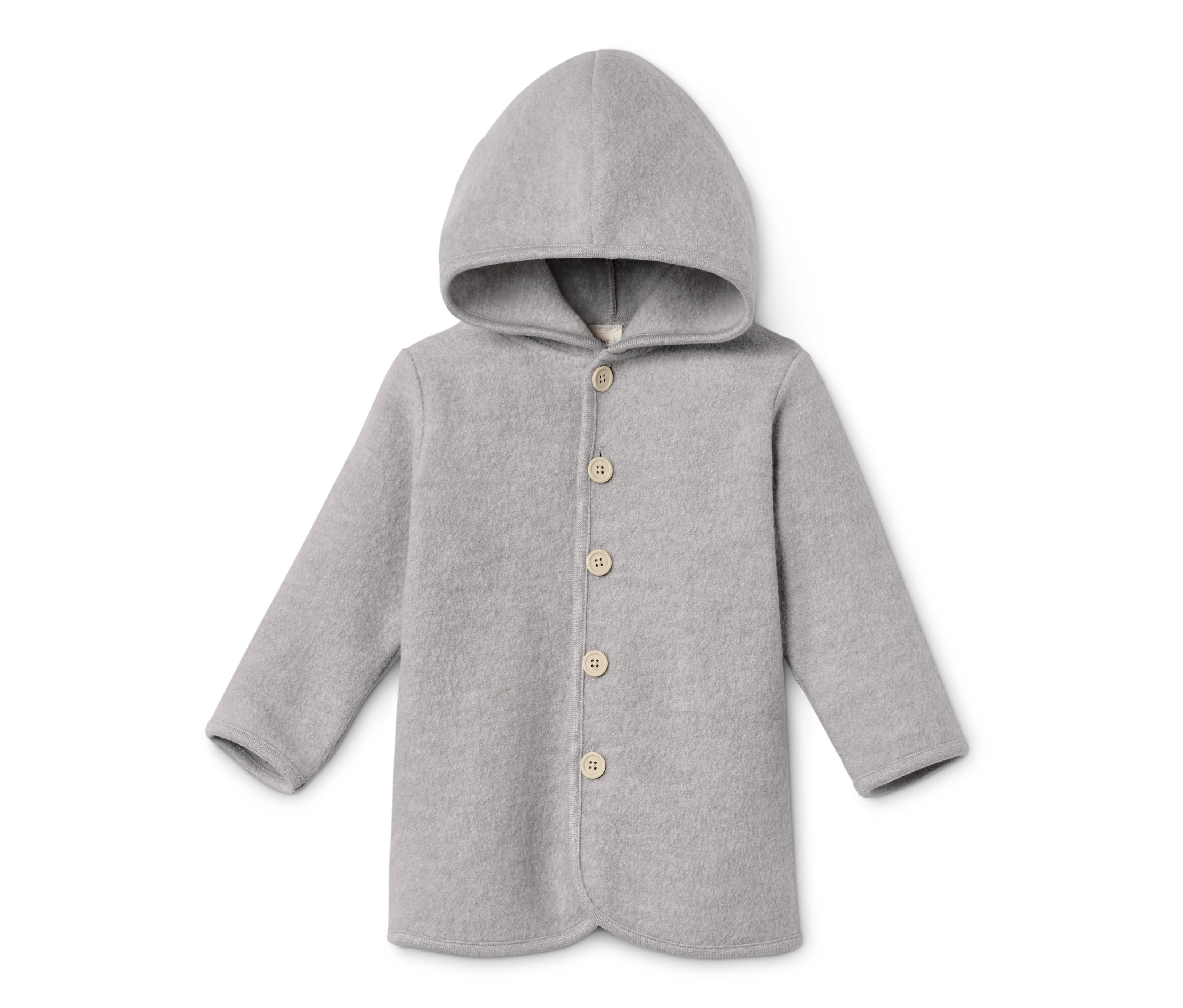 Szara kurtka ze 100% wełny merino posiadającej certyfikat RWS, z kapturem i zapinana na guziki.