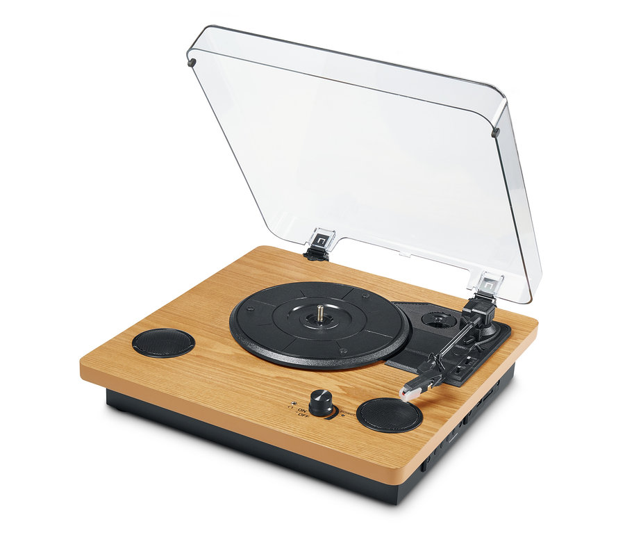 Gramofon »Dual DTR 61« z wbudowanymi głośnikami i otwartą, przezroczystą pokrywą.