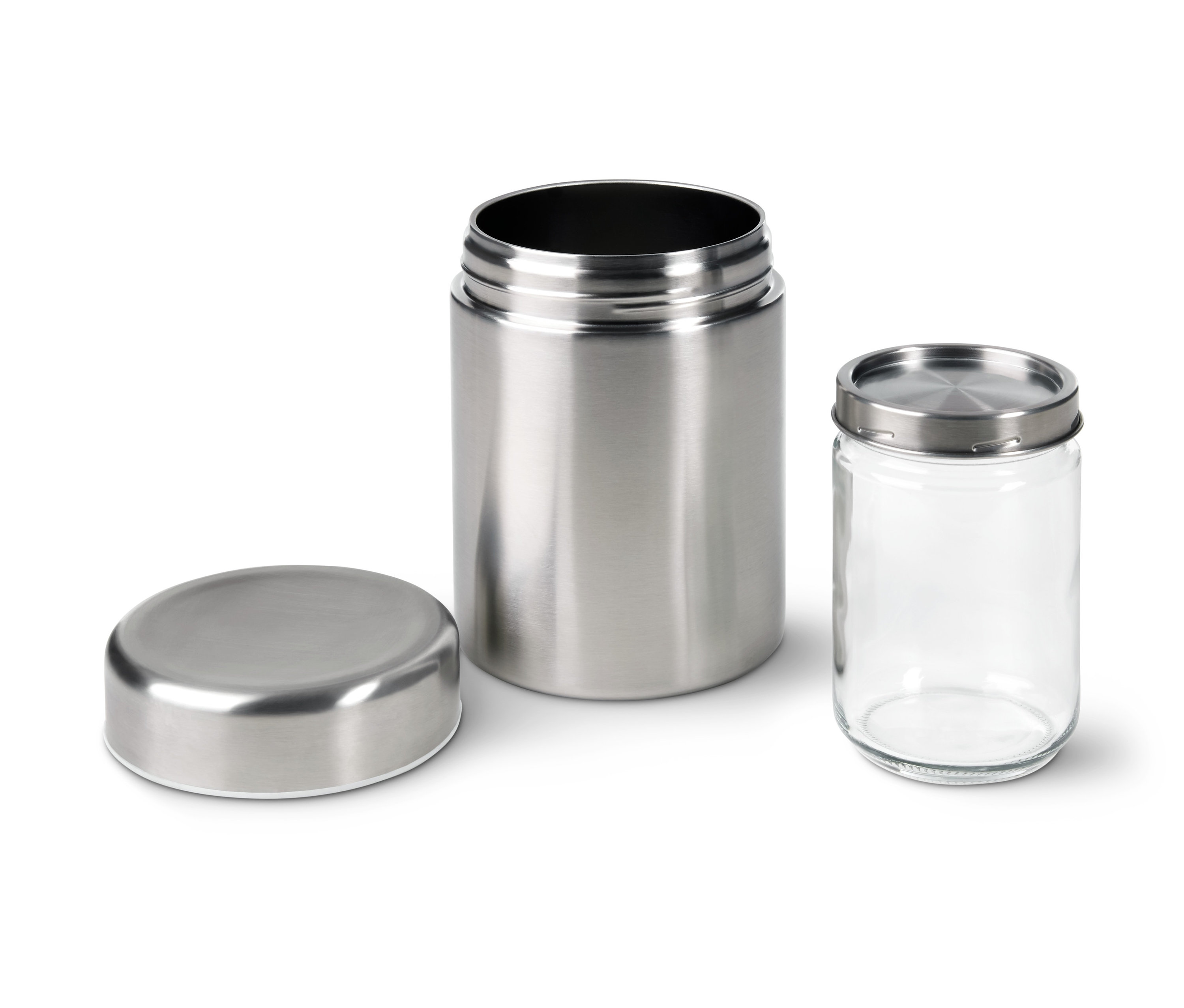 Rozłożona jogurtownica ze srebrną obudową zewnętrzną i szklanym pojemnikiem.