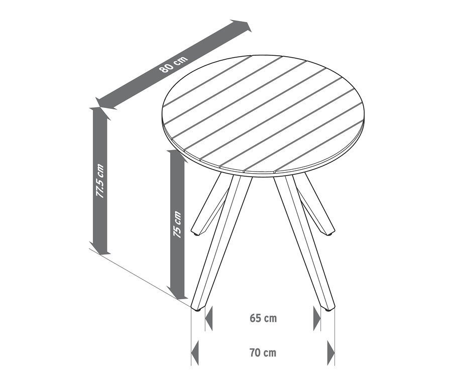 Wymiary okrągłego stołu ogrodowego: 80 cm średnicy, 77,5 cm wysokości, 75 cm wysokości nóg, 65-70 cm szerokości nóg.