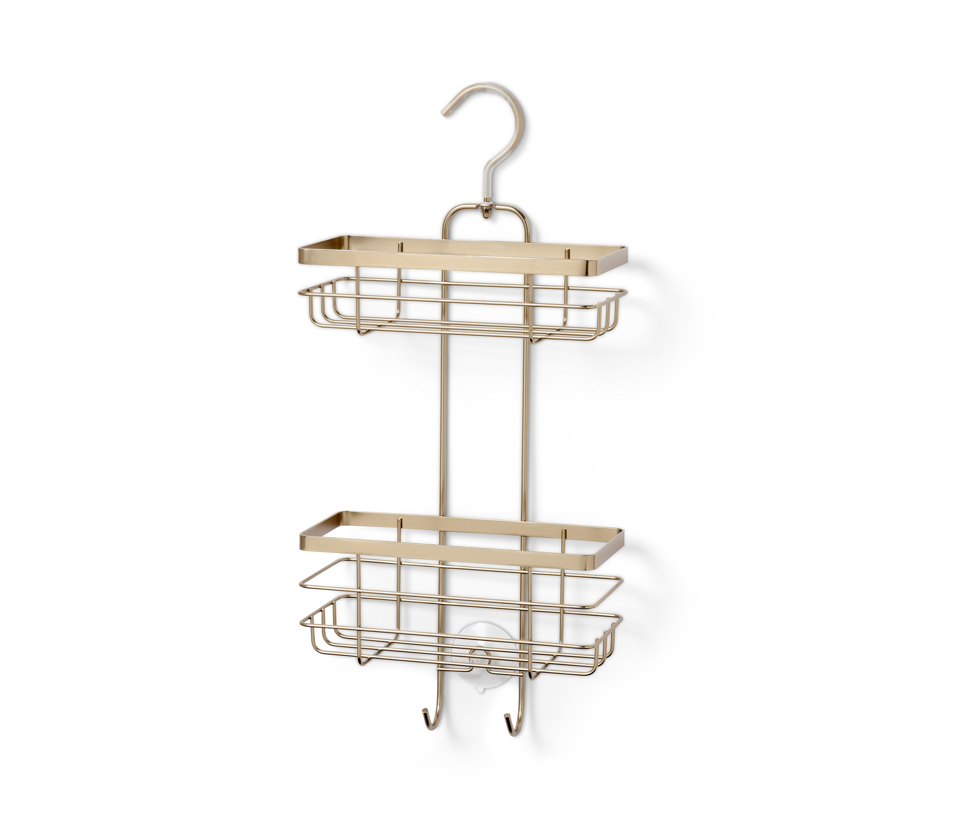 Wiszący regał pod prysznic z dwiema półkami i haczykami w kolorze matowego złota.