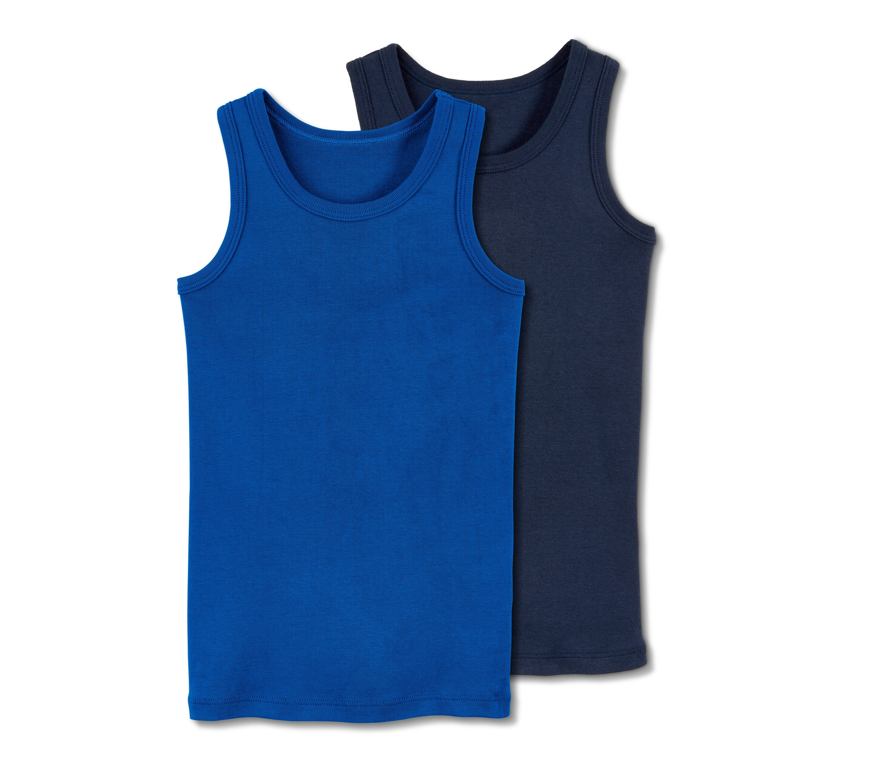 Dwa podkoszulki, jeden niebieski i jeden granatowy.