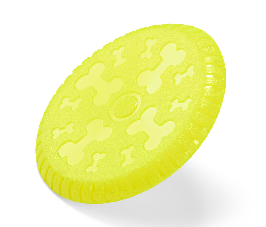 Żółty latający dysk dla psa z nadrukiem kości.