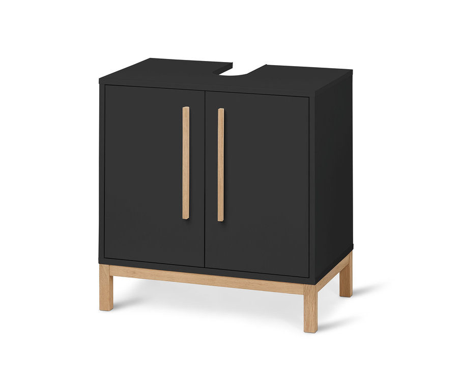 Antracytowa szafka pod umywalkę »Eklund« z dwojgiem drzwi i jasnymi nóżkami.