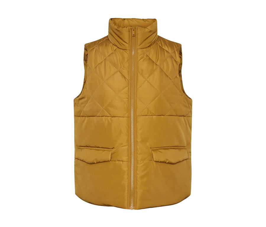 Żółta kamizelka pikowana z zamkiem błyskawicznym z przodu i kieszeniami.