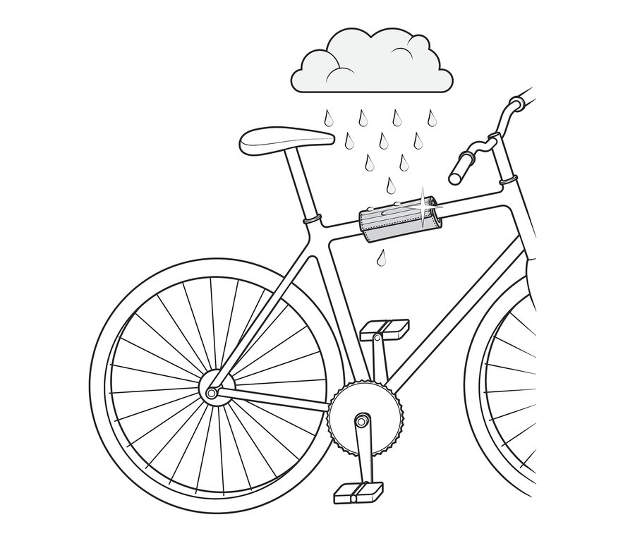 Ilustracja roweru ze ściereczką do czyszczenia roweru i chmurą deszczową.