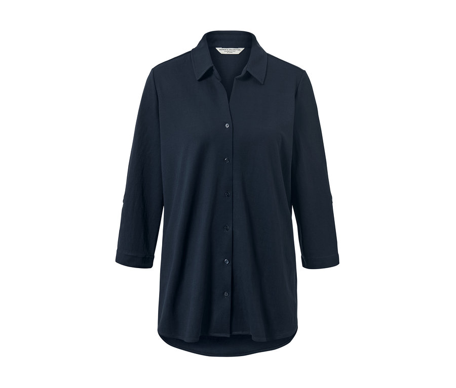 Granatowa bluzka z dżerseju piqué z kołnierzykiem i rękawami trzy czwarte.