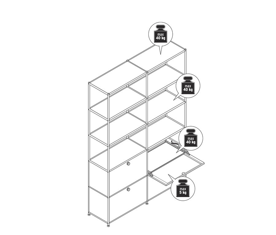 Szkic wysokiego metalowego regału »CN3« z 4 przegródkami z klapami. Dwie przegródki są zamknięte, dwie są otwarte.