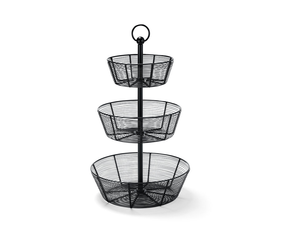 Czarna metalowa etażerka z trzema koszykami.