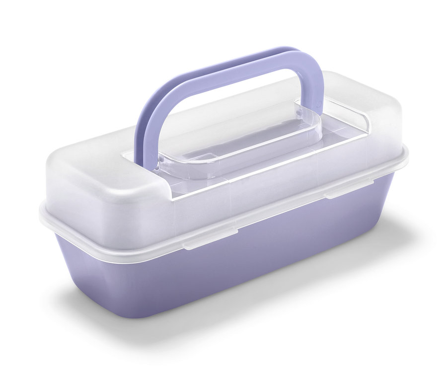 Fioletowa forma do pieczenia z pokrywką, z białą pokrywką i fioletowym uchwytem.