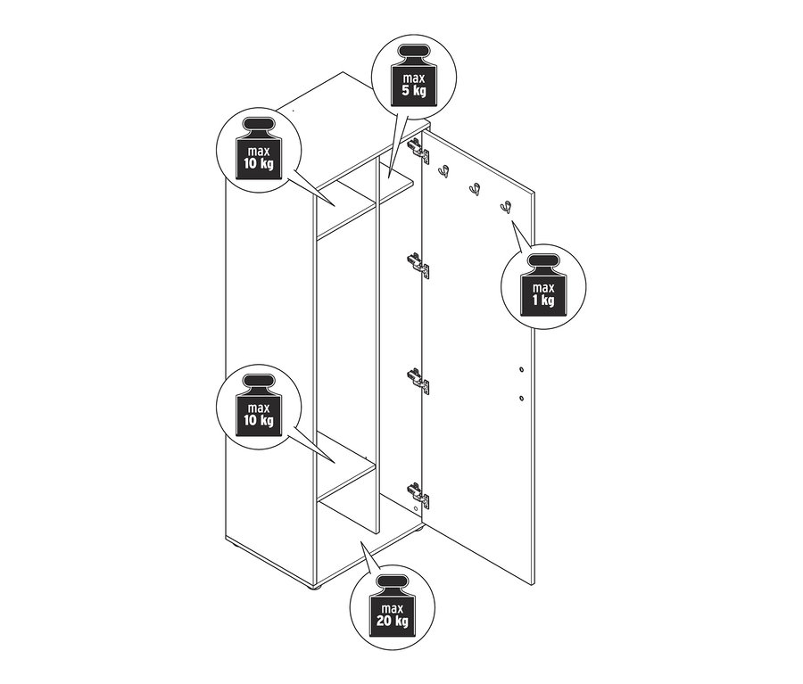 Rysunek szafy uniwersalnej z otwartymi drzwiami i ograniczeniami wagowymi dla półek.