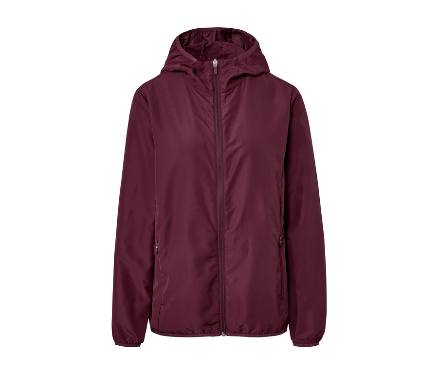 Śliwkowa, lekka kurtka funkcyjna »pack me« z zamkiem błyskawicznym i kapturem.