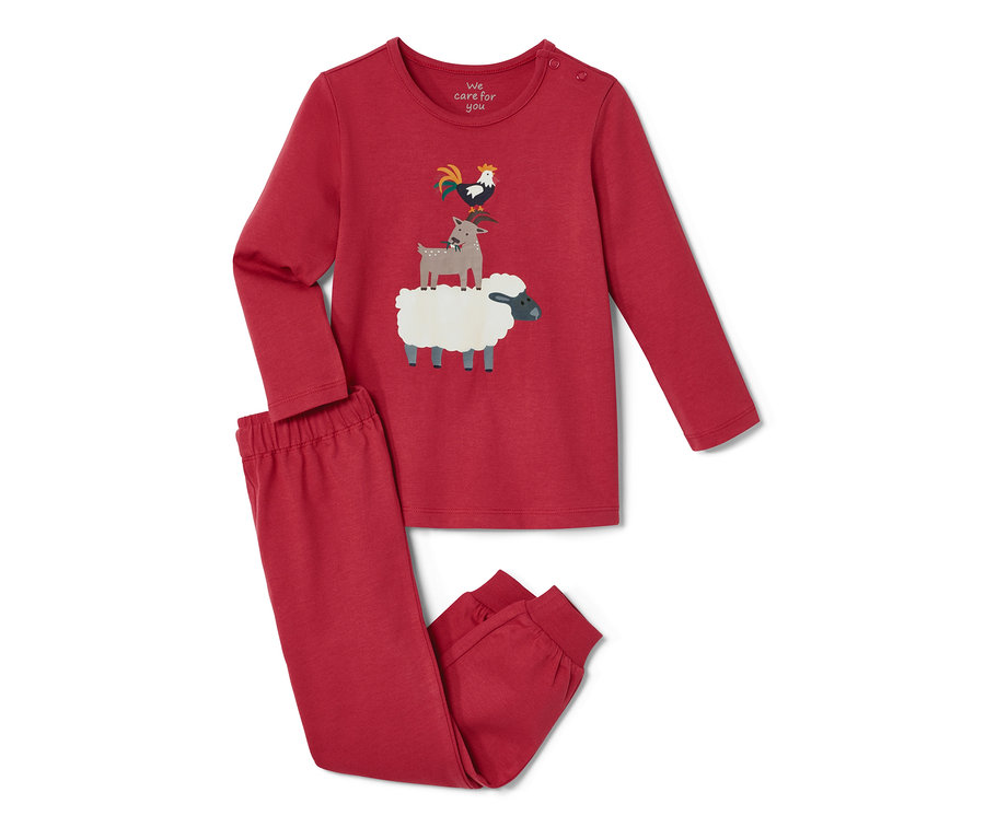 Czerwona piżama dziecięca z nadrukiem koguta, kozy i owcy.
