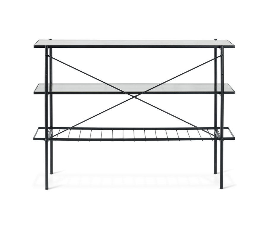 Konsola o szerokości ok. 120 cm z trzema szklanymi półkami i czarną metalową ramą.