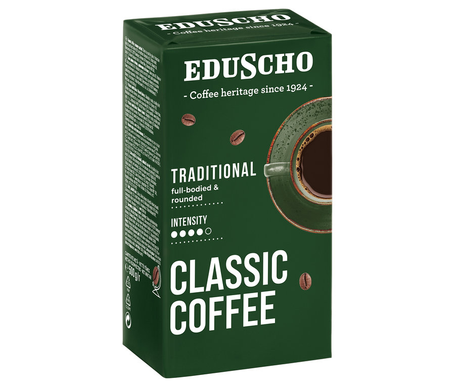 Paczka kawy Eduscho Classic Coffee Traditional, 500 g, kawa mielona. Zielone pudełko z logo Eduscho i filiżanką kawy.