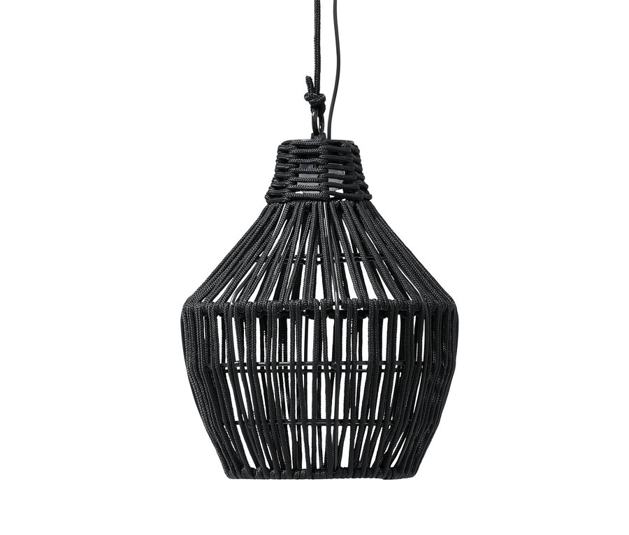 Czarna wisząca lampa solarna z tekstylnym paskiem.