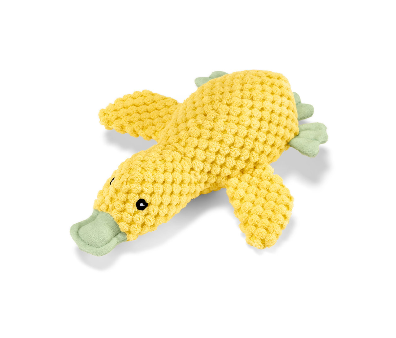 Żółta pluszowa zabawka dla psa „kaczątko” leży na białym tle.