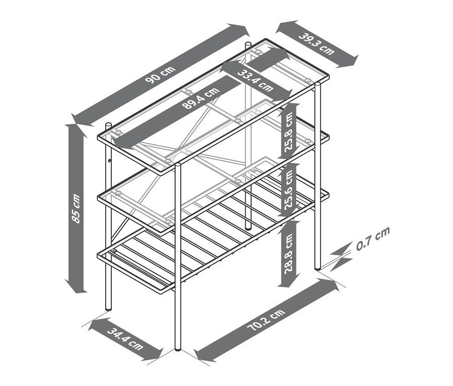 Ilustracja konsoli o szerokości około 90 cm z trzema szklanymi półkami i metalową ramą.