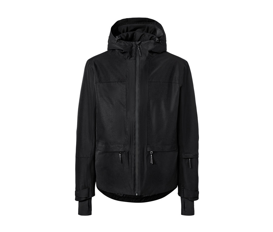 Czarna kurtka narciarska z kapturem, kieszeniami na zamek i długimi rękawami.