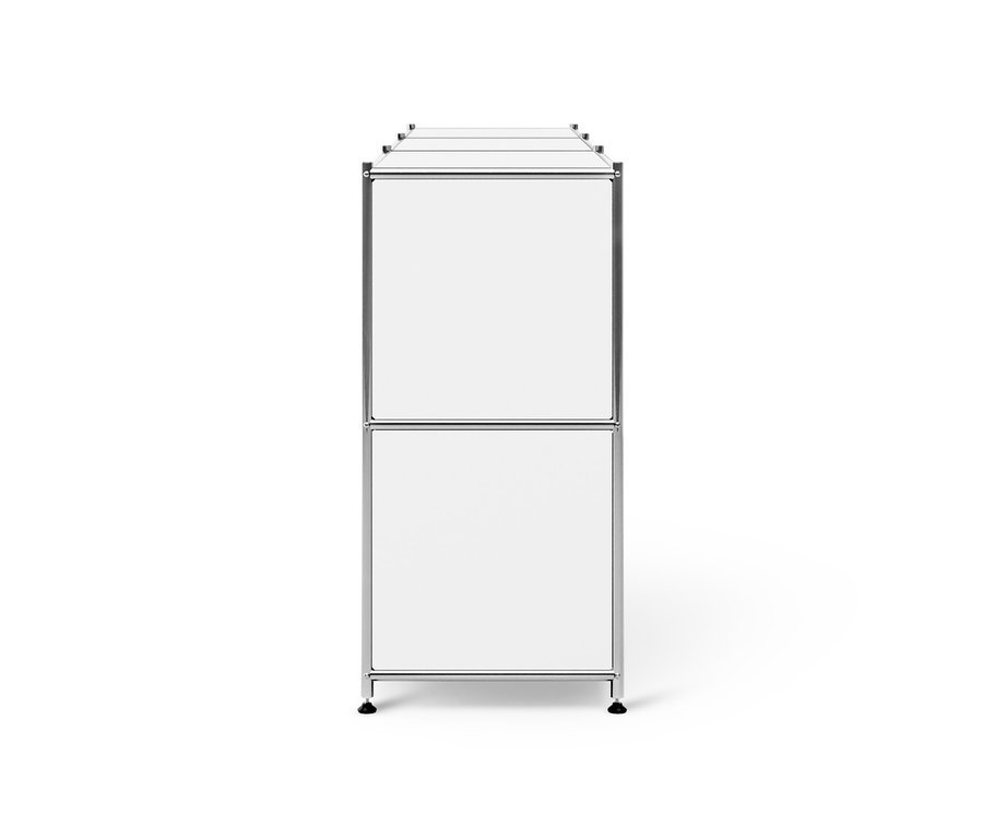 Biała metalowa szafka typu sideboard »CN3« z 3 przesuwnymi przegródkami z klapami.