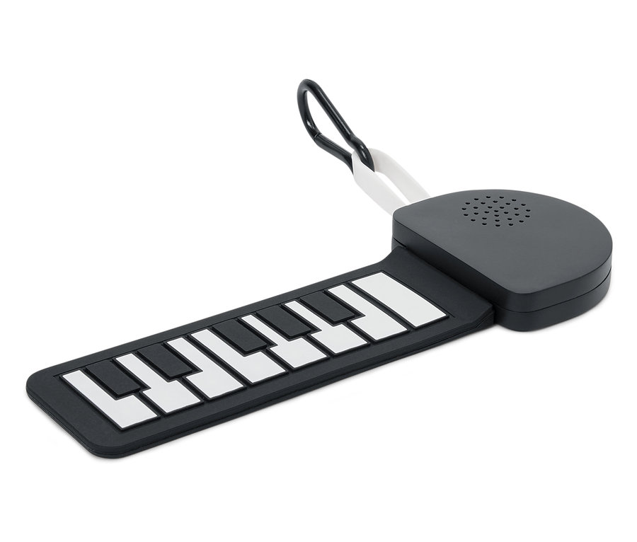 Czarny, zwijany keyboard z białymi klawiszami.