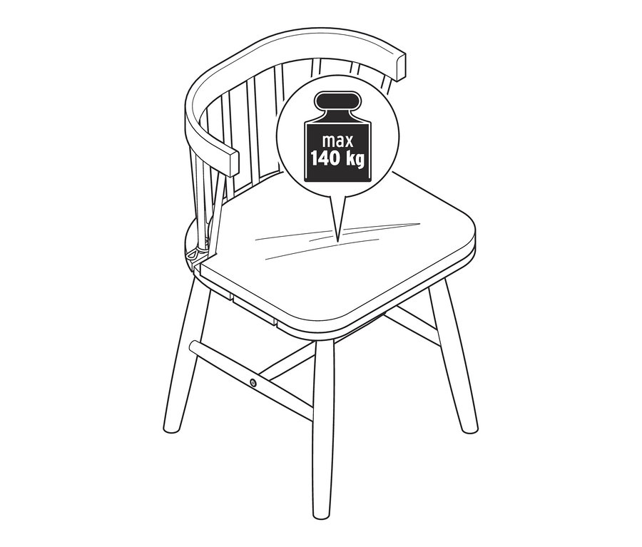 Ilustracja krzesła do jadalni z poduszką i napisem max 140 kg.