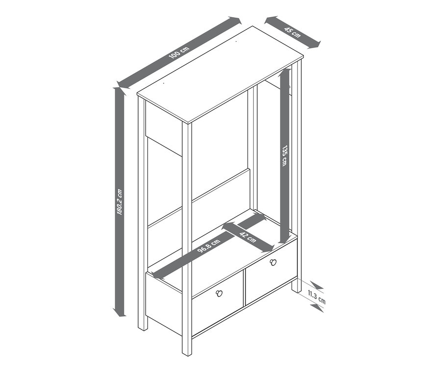 Rysunek garderoby z dużymi szufladami i oznaczeniami wymiarów.