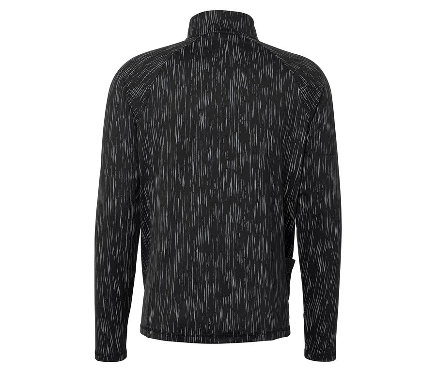 Detal czarnej kurtki we wzory.