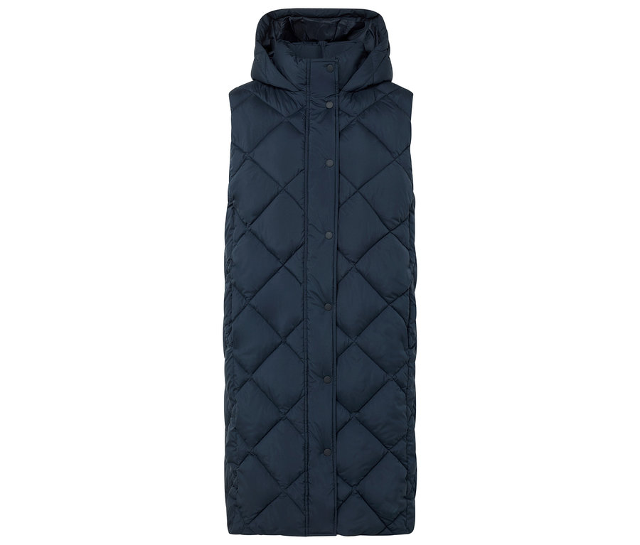Granatowa pikowana kamizelka z kapturem i zapięciem na guziki.