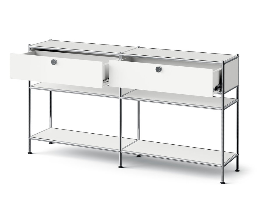 Biały, niski regał do przechowywania z dwiema otwartymi szufladami.