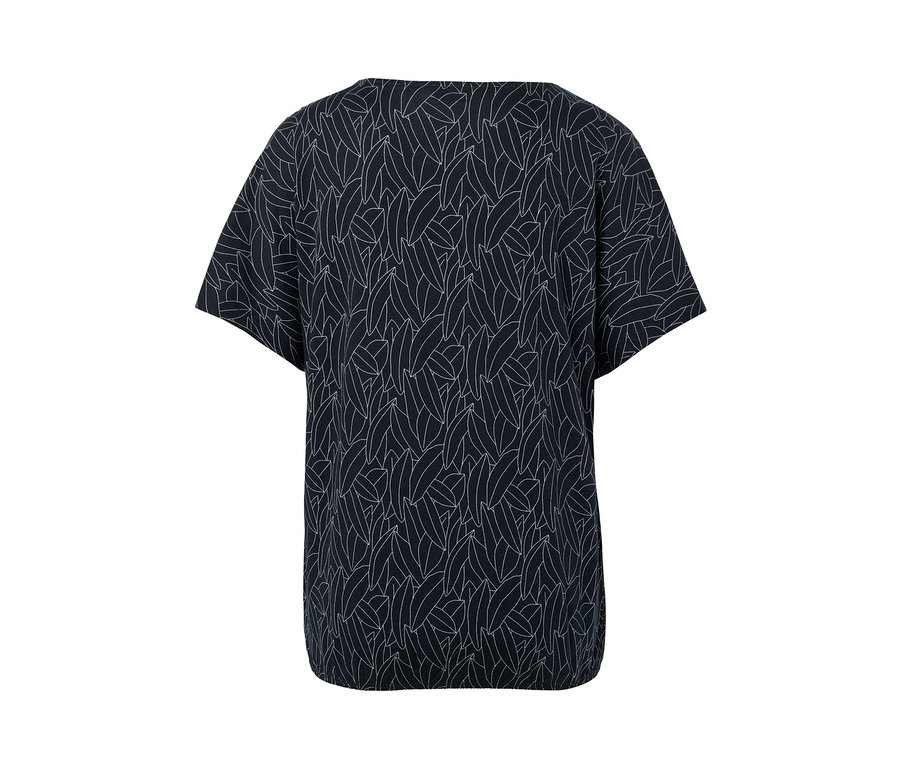 Granatowa bluzka z obniżoną linią ramion z białym wzorem liści.