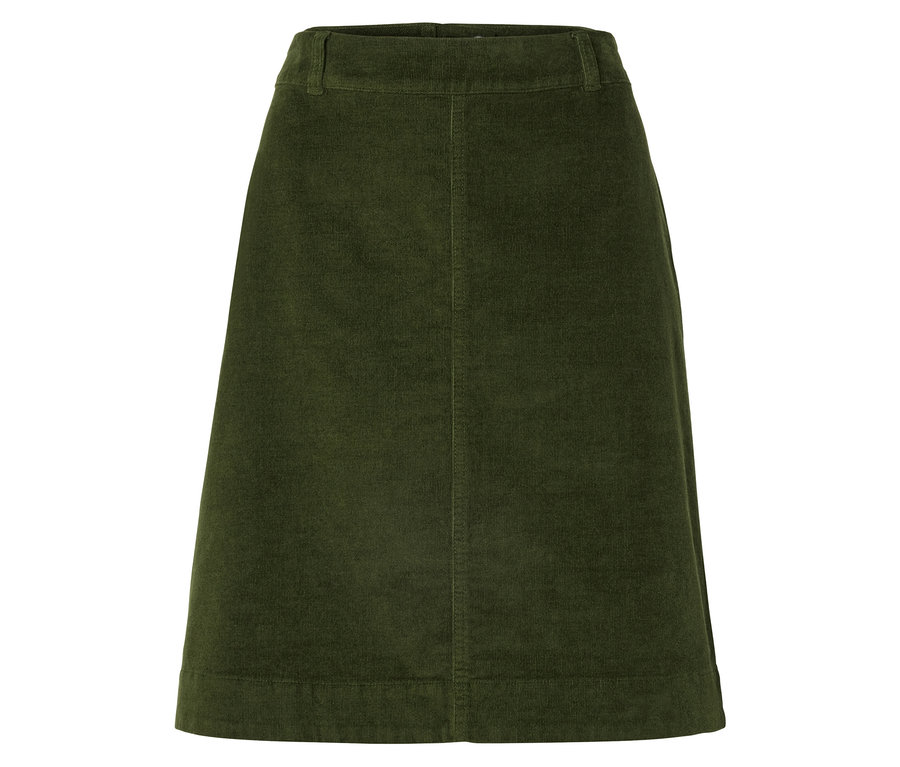 Zielona sztruksowa spódnica w kształcie litery A na białym tle.