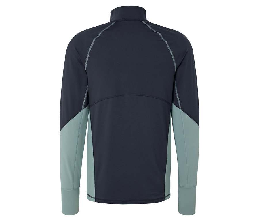 Widok z tyłu granatowej kurtki z długim rękawem i jasnoniebieskimi rękawami.