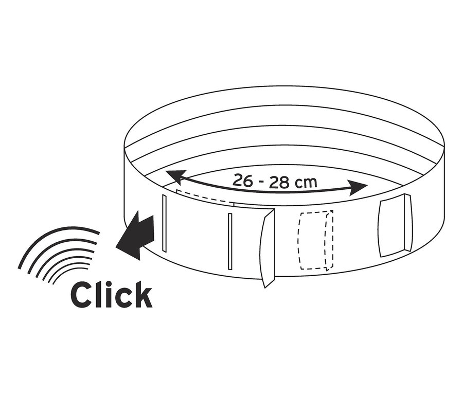 Ilustracja okrągłego kształtu o średnicy 26-28 cm z napisem "Click" i strzałką.