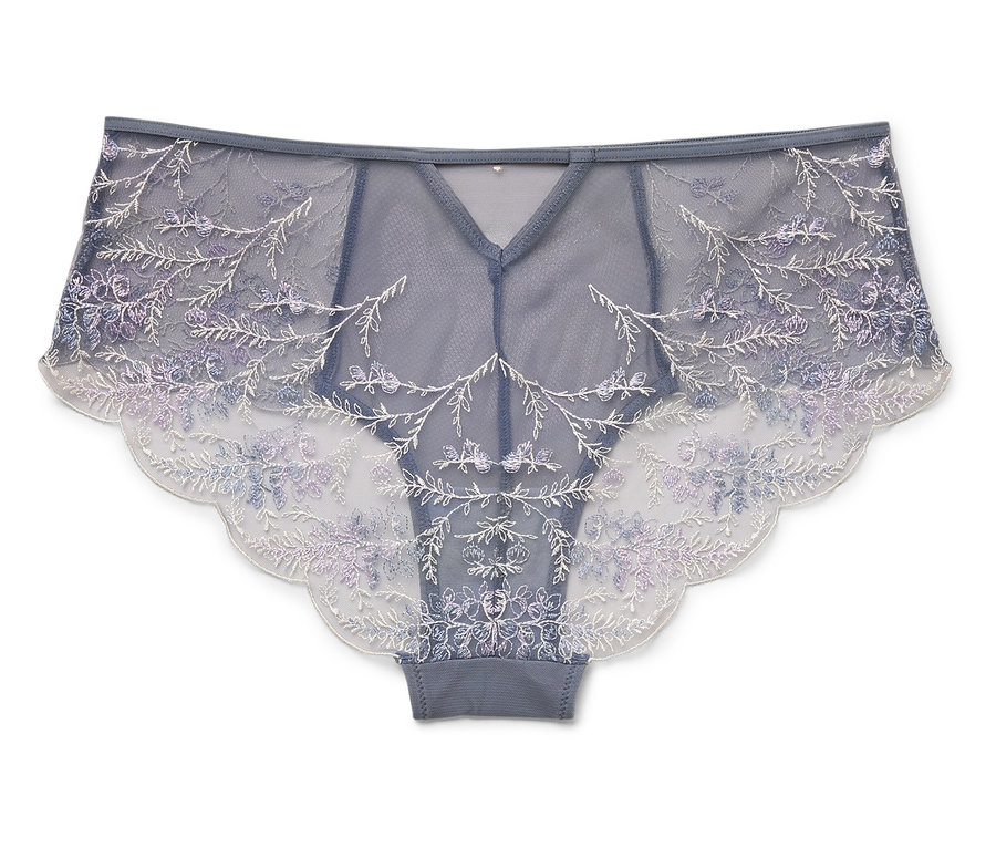 Szare damskie majtki z wysokim stanem, z kwiatowym haftem na białym tle.