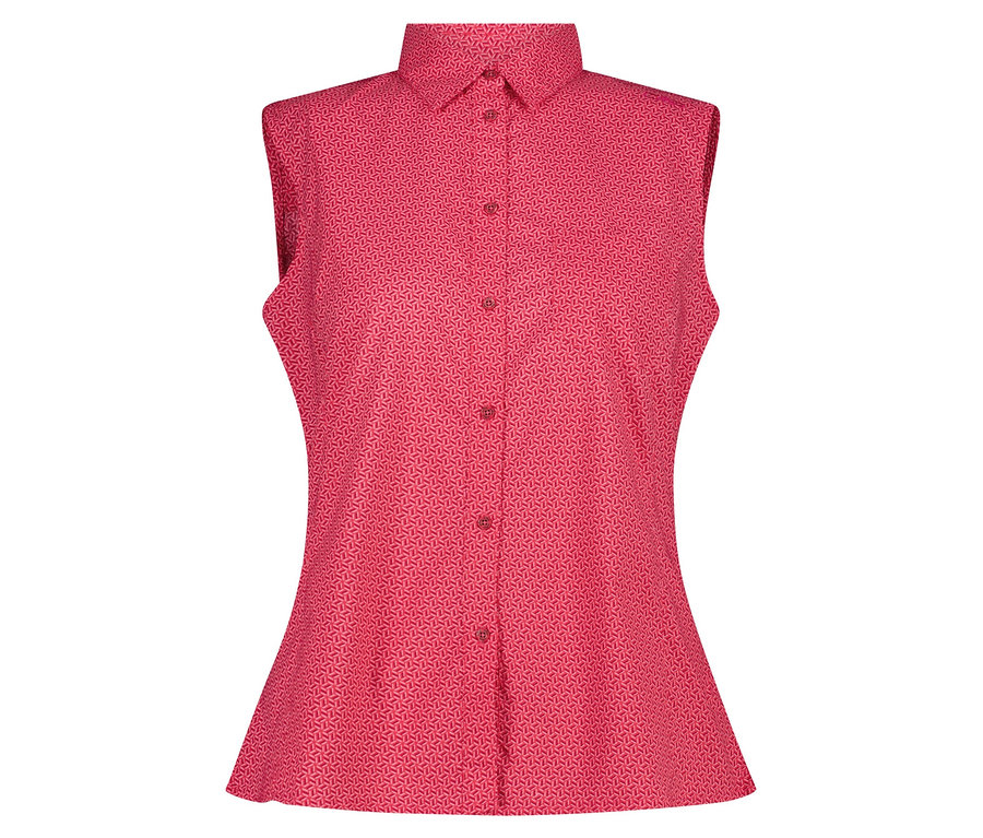 Czerwona bluzka bez rękawów, wzorzysta, zapinana na guziki.
