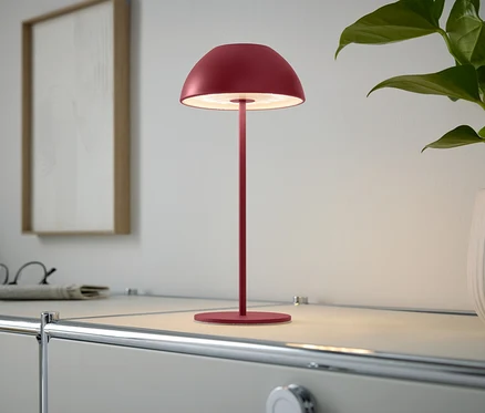 Czerwona lampa stoi na szafce obok rośliny doniczkowej.