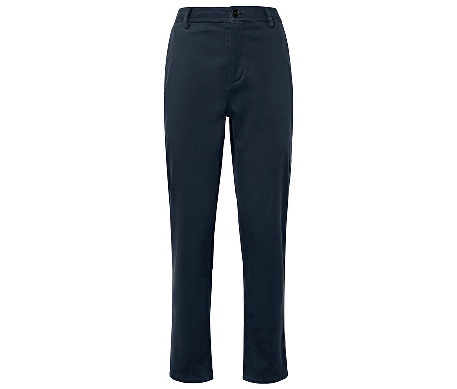 Para granatowych spodni materiałowych leżących na białym tle.