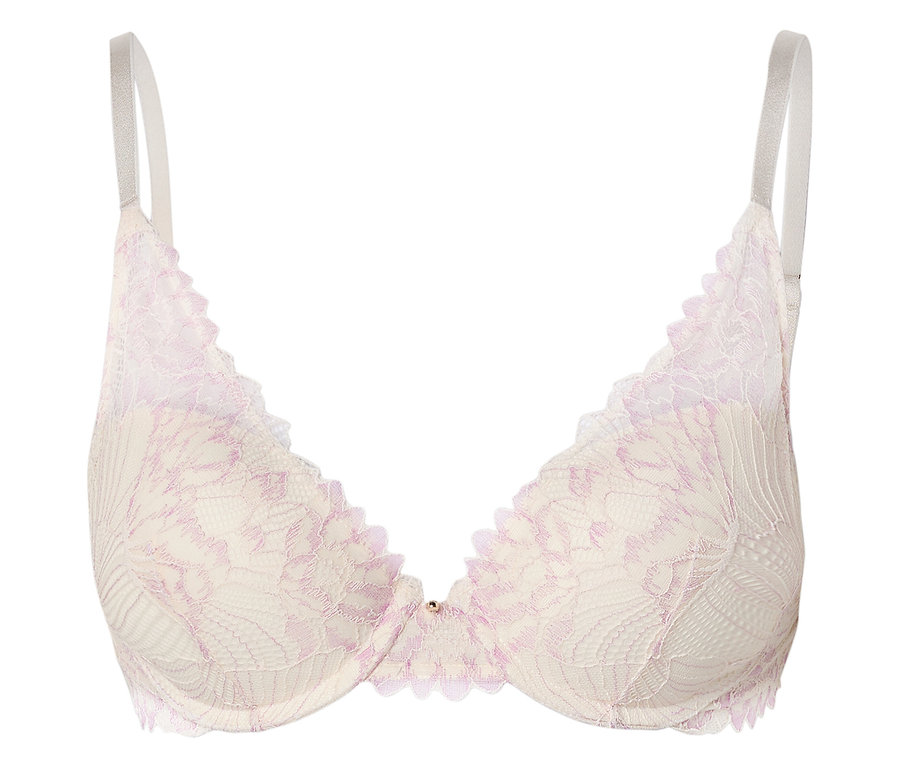 Beżowy biustonosz z delikatną, różową koronką i srebrnymi ramiączkami.