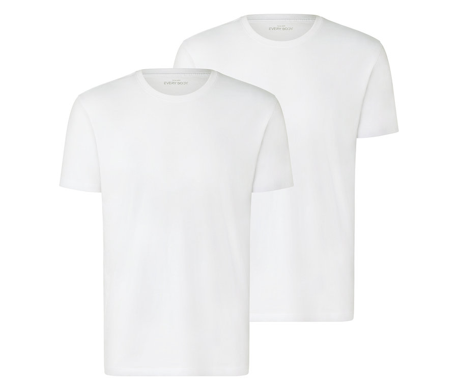 Dwa białe T-shirty leżą jeden na drugim.
