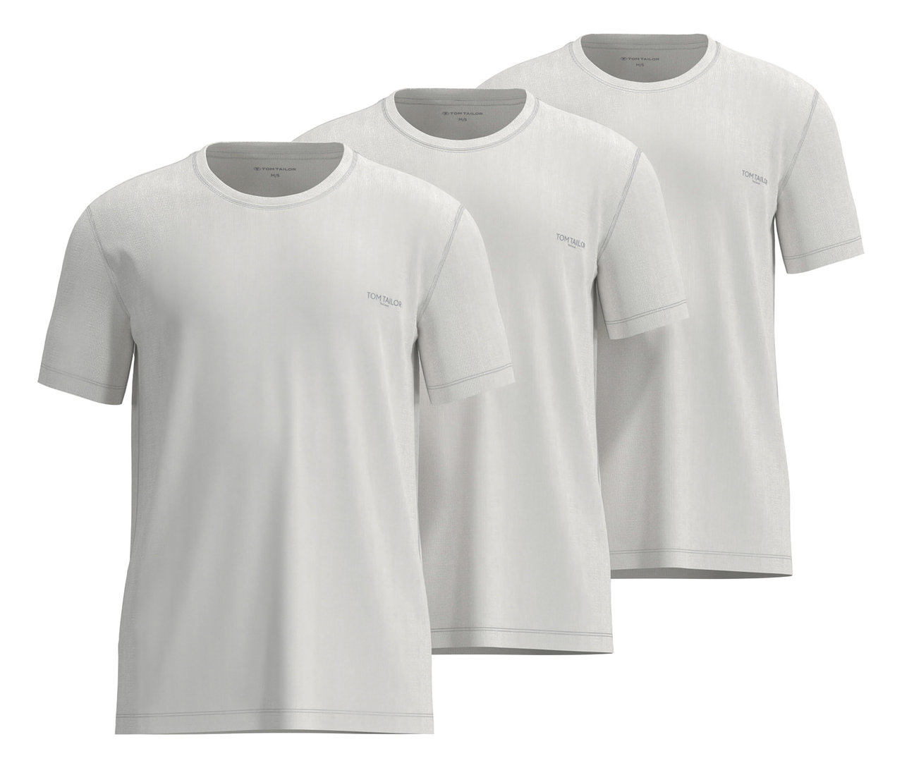 Trzy białe koszulki Tom Tailor „Ohio”, 3 sztuki, ułożone jedna na drugiej.