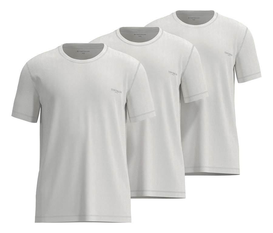Trzy białe koszulki Tom Tailor „Ohio”, 3 sztuki, ułożone jedna na drugiej.