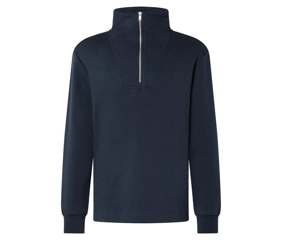 Granatowa bluza dresowa zapinana na zamek pod szyją.