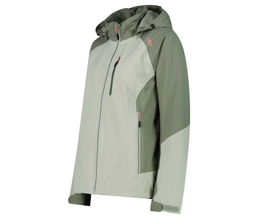 Zielona i jasnozielona kurtka CMP z kapturem i zamkami błyskawicznymi.