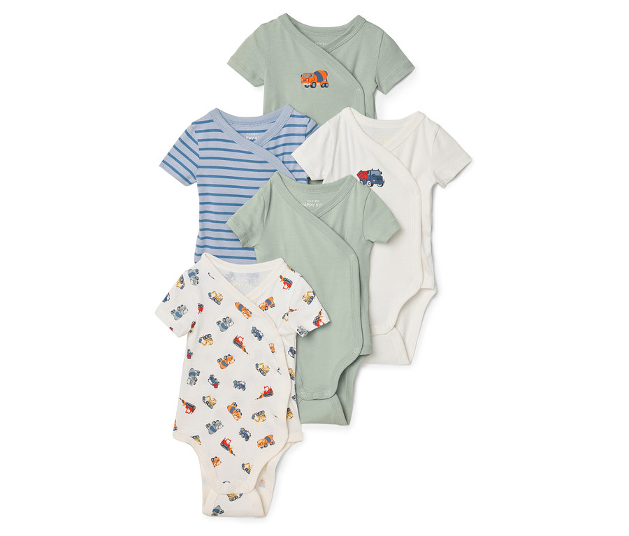 Pięć body dziecięcych ułożonych jeden na drugim, różne kolory i wzory.