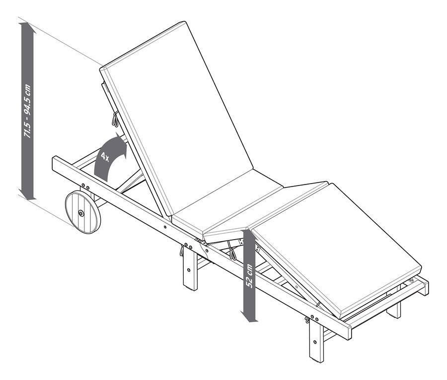 Zdjęcie przedstawia klasyczny leżak ogrodowy z regulowanym oparciem i kółkami.